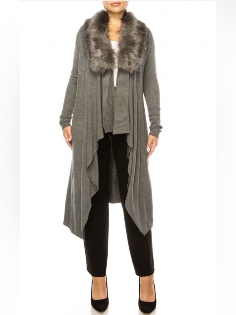 Sioni Faux Fur Collar Open Front Cardigan Sweater Duster Size M New With Tag